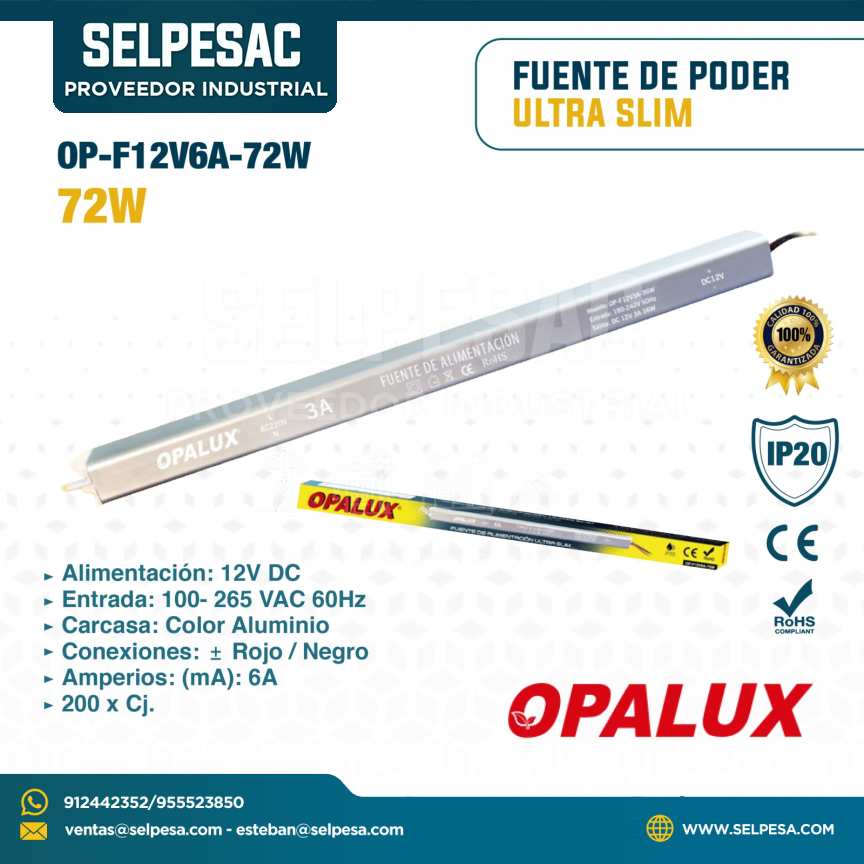 OPALUX - FUENTE DE PODER ULTRA SLIM 6A 72W 12V DC - IP20 - OP-F12V6A-IP20