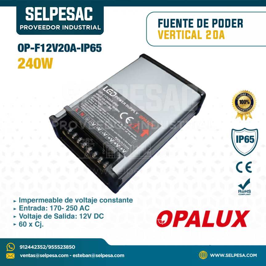OPALUX - FUENTE DE PODER VERTICAL 20A 240W 12V DC - IP65  - OP-F12V20A-IP65