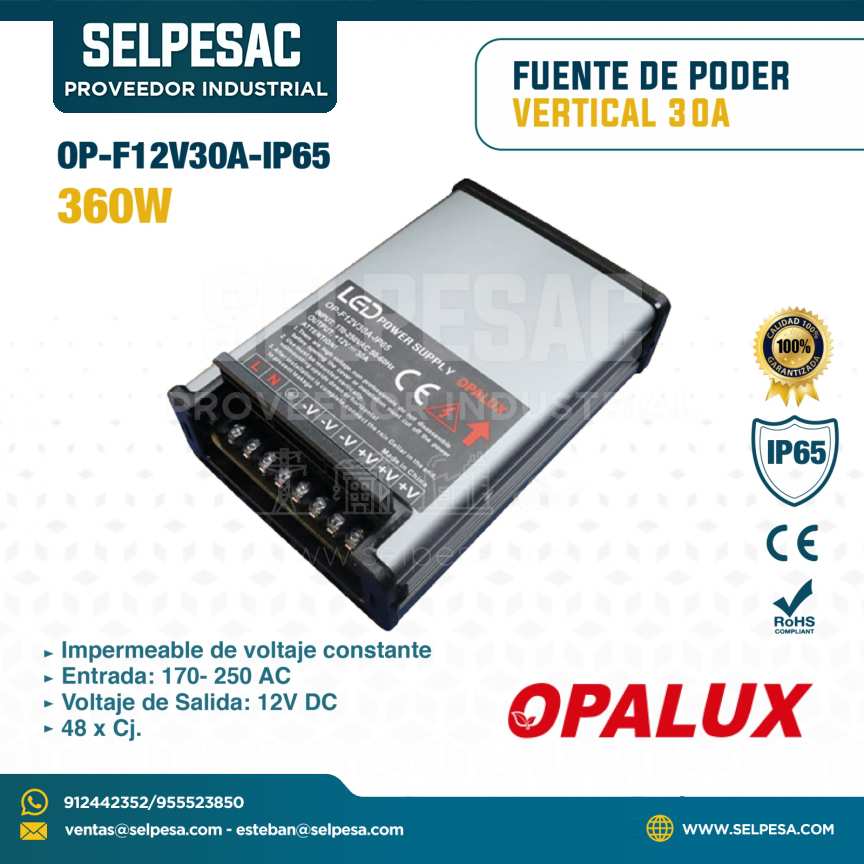 OPALUX - FUENTE DE PODER VERTICAL 30A 360W 12V DC - IP65 - OP-F12V30A-IP65