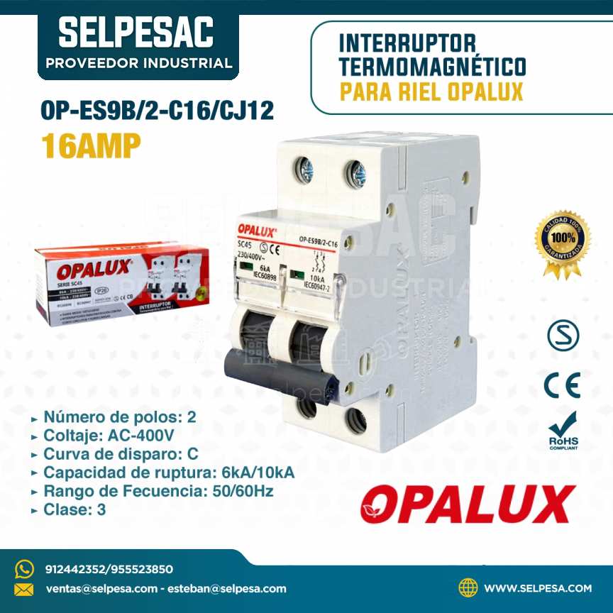 OPALUX - INTERRUPTOR TERMOMAGNÉTICO PARA RIEL 16AMP 2P EP-ES9B/2-C16/CJ12