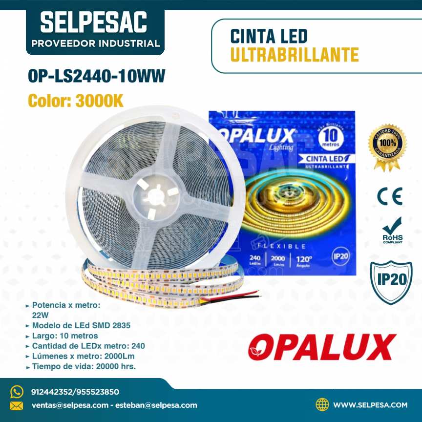 OPALUX - CINTA LED ULTRABRILLANTE LED 3000K 22W - LED SMD IP20 OP-LS2440-10WW