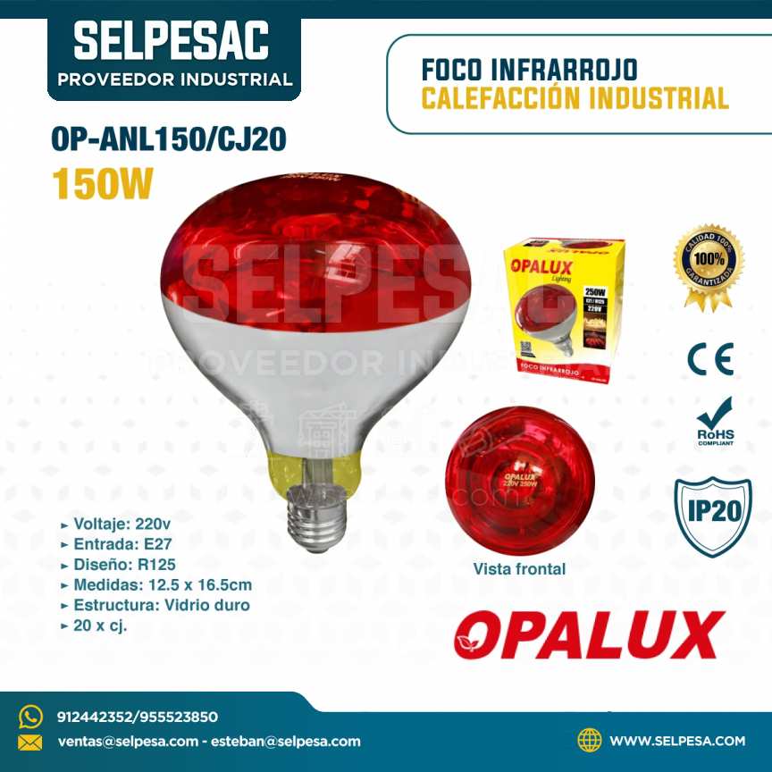OPALUX - FOCO INFRARROJO CALEFACCIÓN INDUSTRIAL 150W 220V E27 IP20 OP-ANL150-CJ20