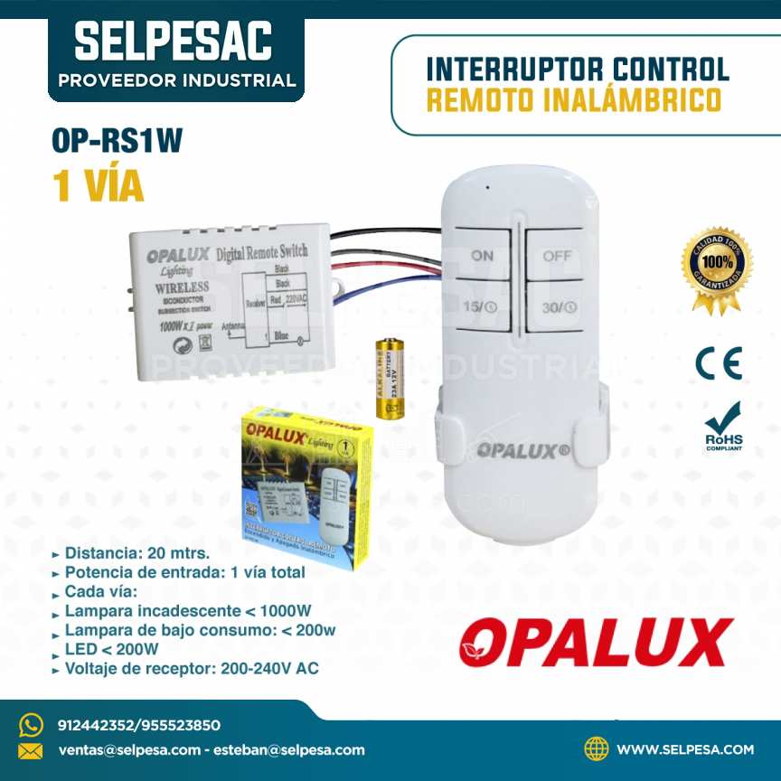 OPALUX - INTERRUPTOR CONTROL REMOTO INALAMBRICO 1 VÍA  20 MTRS 220-240V OP-RS1W