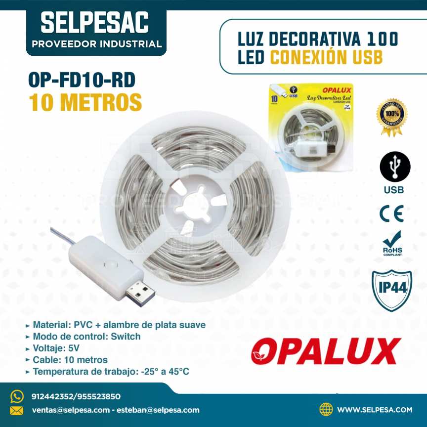 OPALUX - LUZ DECORATIVA 100 LED CONEXIÓN USB CONTROL SWITCH 5V 10MTS IP44 OP-FD10-RD