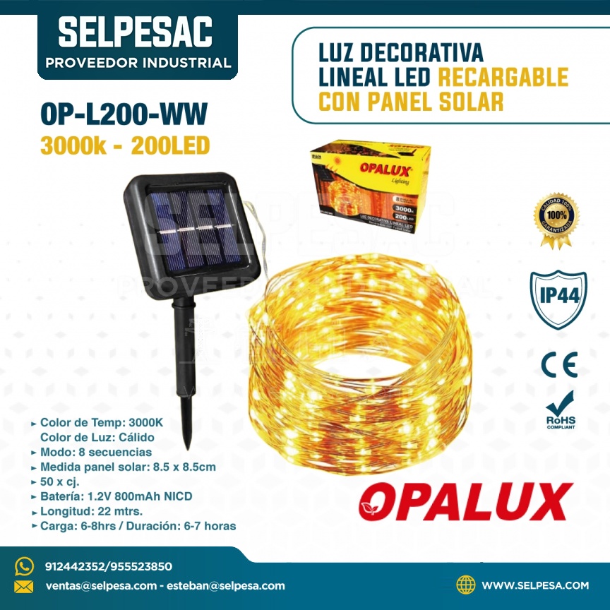 OPALUX - LUZ DECORATIVA LINEAL LED RECARGABLE CON PANEL SOLAR 3000K 200LED 8 SECUENCIA IP44 OP-L200-WW