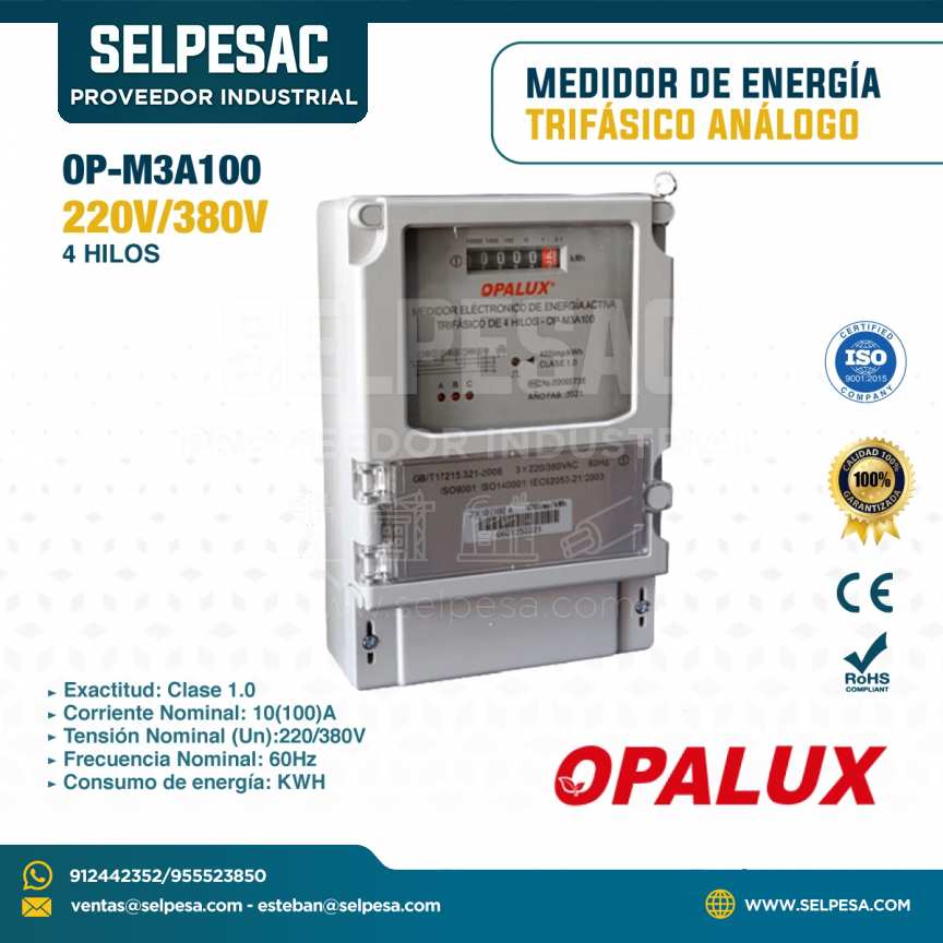 OPALUX - MEDIDOR DE ENERGÍA TRIFÁSICO ANALOGO 220-380V 4 HILOS OP-M3A100