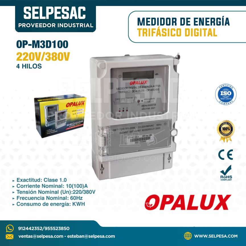 OPALUX - MEDIDOR DE ENERGÍA TRIFÁSICO DIGITAL 220-380V 4 HILOS OP-M3D100