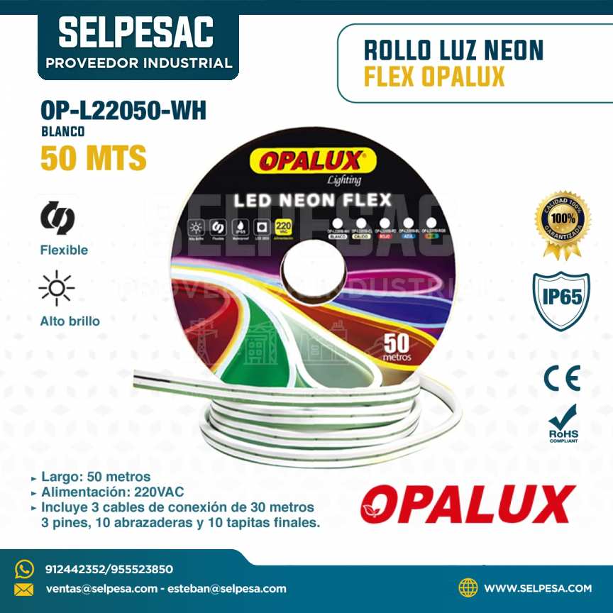 OPALUX - ROLLO LUZ NEÓN FLEX BLANCO 50MTS 220VAC OP-L22050-WH