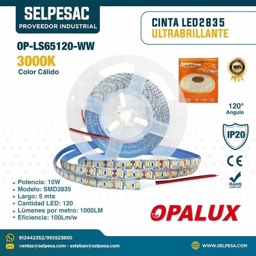 OPALUX - CINTA LED2835 ULTRABRILLANTE 3000K CALIDO 10W OP-LS65120-WW