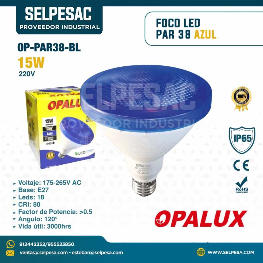 OPALUX - FOCO LED PAR 38 AZUL 15W 220V OP-PAR38-BL