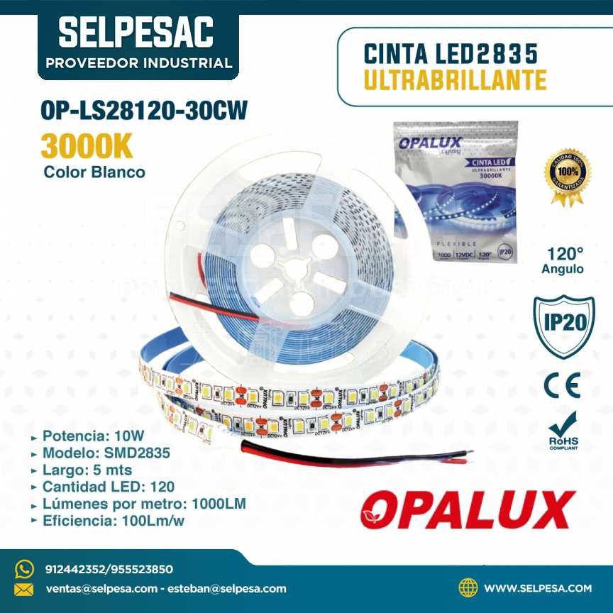 OPALUX - CINTA LED2835 ULTRABRILLANTE 3000K COLOCR BLANCO 10W OP-LS28120/30CW