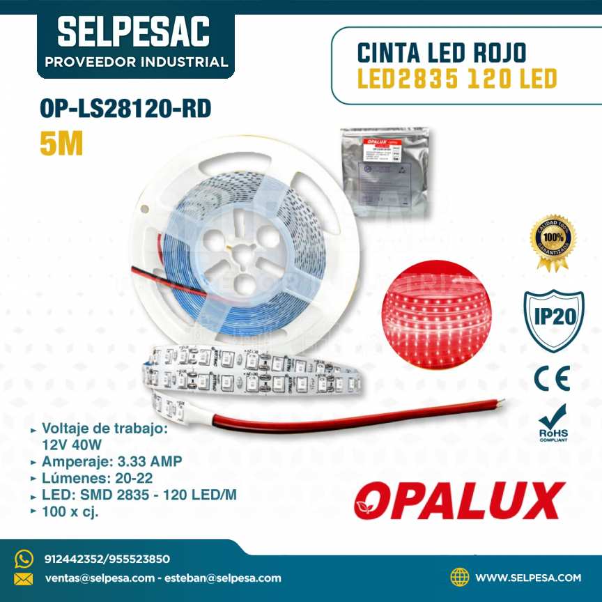 OPALUX - CINTA LED ROJO LED2835 120LED 5M 12V 40W OP-LS28120-RD