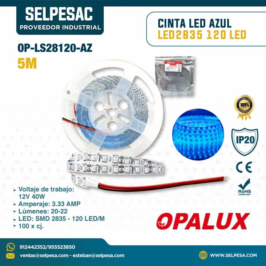 OPALUX - CINTA LED AZUL LED2835 120LED 5M 12V 40W OP-LS28120-AZ