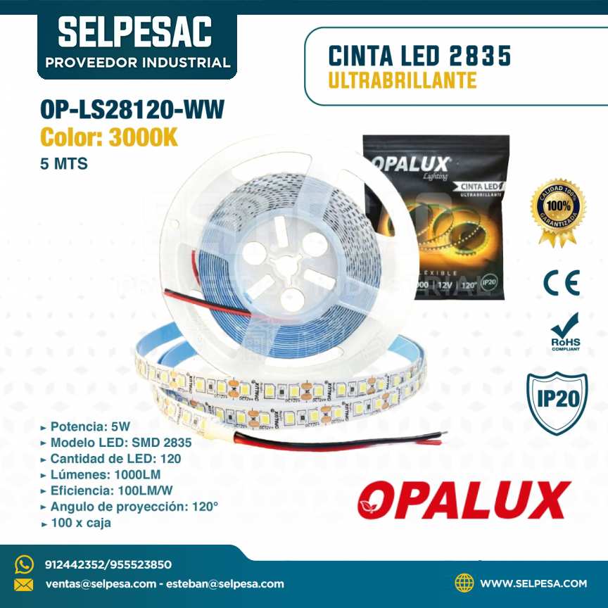 OPALUX - CINTA LED 2835 ULTRABRILLANTE 3000K 5 MTS 5W 1000LUM. IP20 OP-LS28120-WW