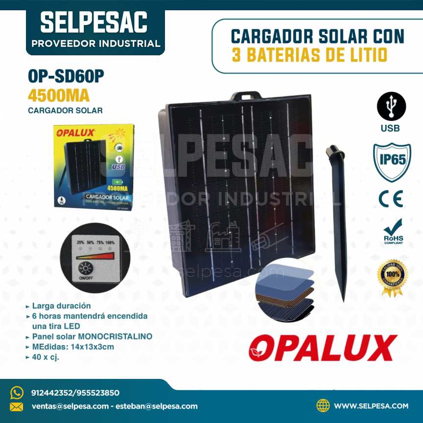 OPALUX - CARGADOR SOLAR CON 3 BATERIAS DE LITIO MONOCRISTALINO 6HORAS 4500MA OP-SD60P