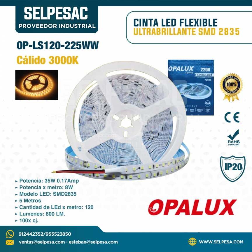 OPALUX - CINTA LED FLEXIBLE SMD2835  5MTS 35W 220VAC CÁLIDO 3000K IP20