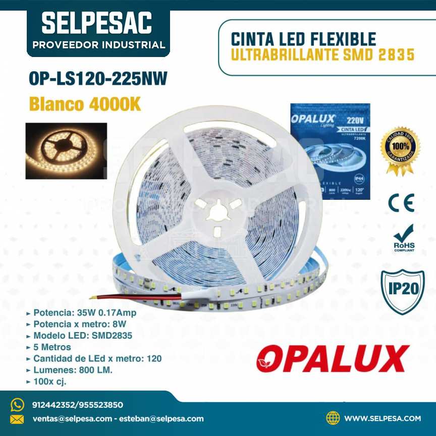 OPALUX - CINTA LED FLEXIBLE SMD2835  5MTS 35W 220VAC BLANCO 4000K IP20