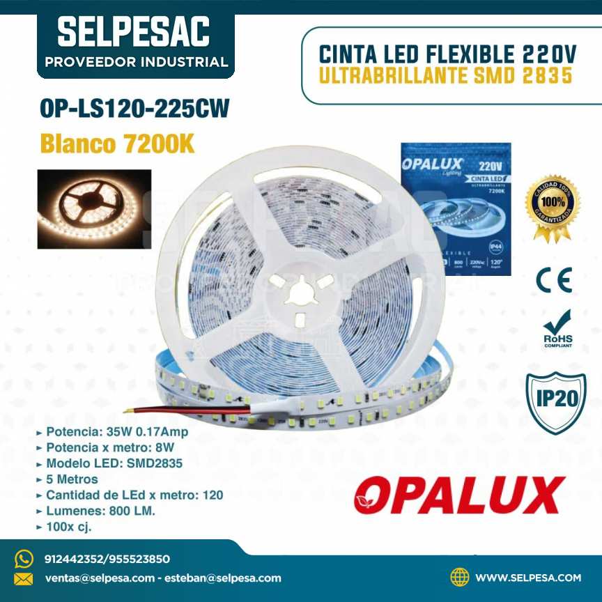 OPALUX - CINTA LED FLEXIBLE SMD2835 5MTS 35W 220VAC BLANCO 7200K IP20