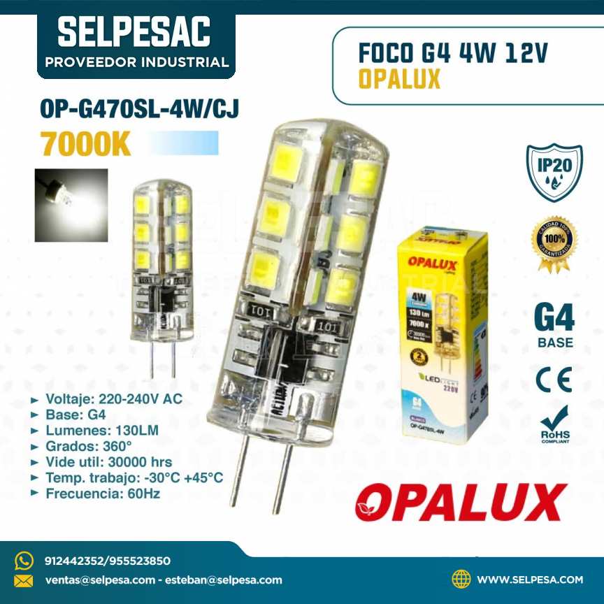 OPALUX- FOCO BASE G4 4W 12V 7000K 130LUM IP20 OP-G470SL-4W/CJ ROHS CE