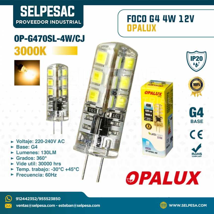 OPALUX- FOCO BASE G4 4W 12V 3000K 130LUM IP20 OP-G470SL-4W/CJ ROHS CE
