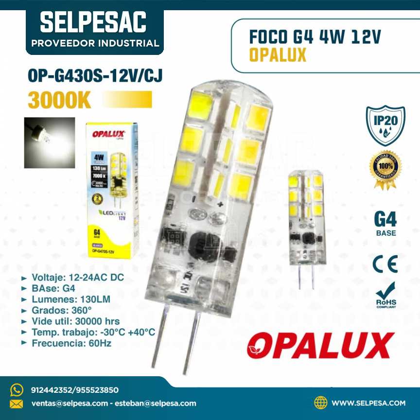 OPALUX- FOCO BASE G4 4W 12V 3000K 130LUM IP20 OP-G430S-12V/CJ