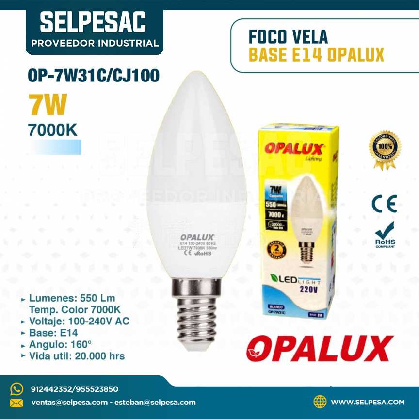 OPALUX - FOCO TIPO VELA 7W 7000K BASE E14 550LUM OP-7W31C/CJ100