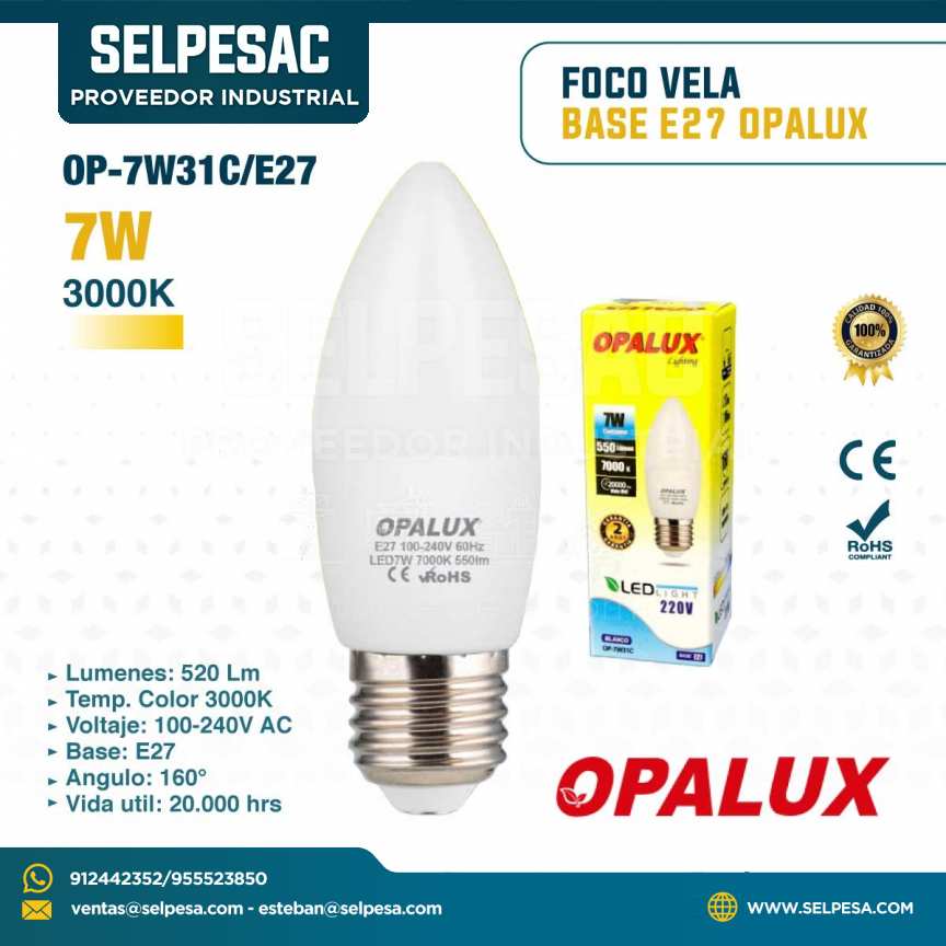 OPALUX - FOCO TIPO VELA 7W 3000K BASE E27 520LUM OP-7W31C/E27