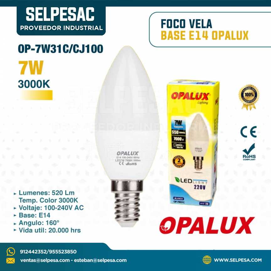 OPALUX - FOCO TIPO VELA 7W 3000K BASE E14 520LUM OP-7W31C/CJ100