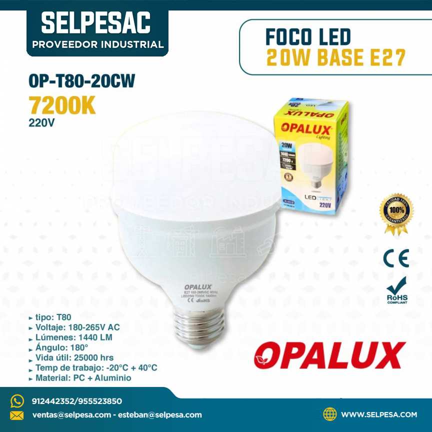 OPALUX - FOCO LED BASE E27 20W 7200K 220V - OP-T80/20CM