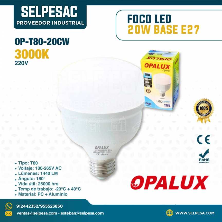OPALUX - FOCO LED BASE E27 20W 3000K 220V - OP-T80/20CW