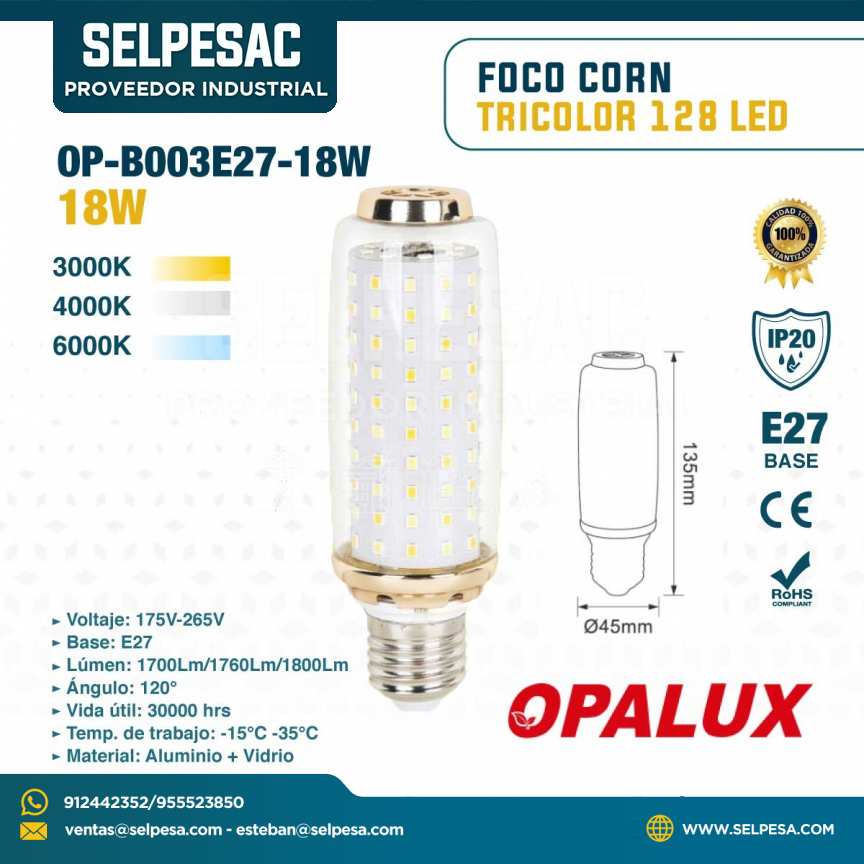OPALUX - FOCO CORN TRICOLOR 128LED 18W BASE E27 IP20 OP-B003E27/18W