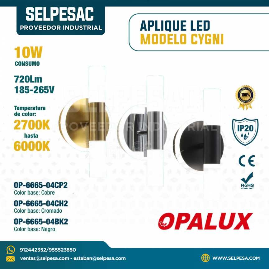 OPALUX - APLIQUE LED MODELO CYGNI 10W 720LUM 2700K-6000K IP20