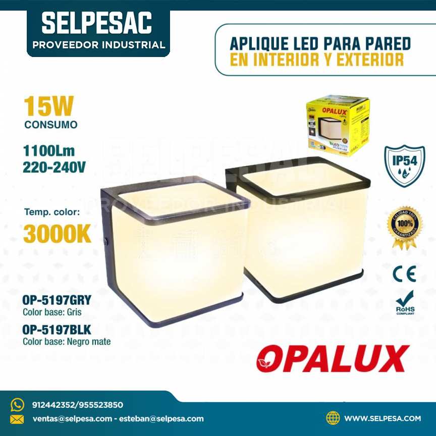 OPALUX - APLIQUE LED PARA PARED EN INTERIOR Y EXTERIOR 15W 1100LUM 3000K IP54