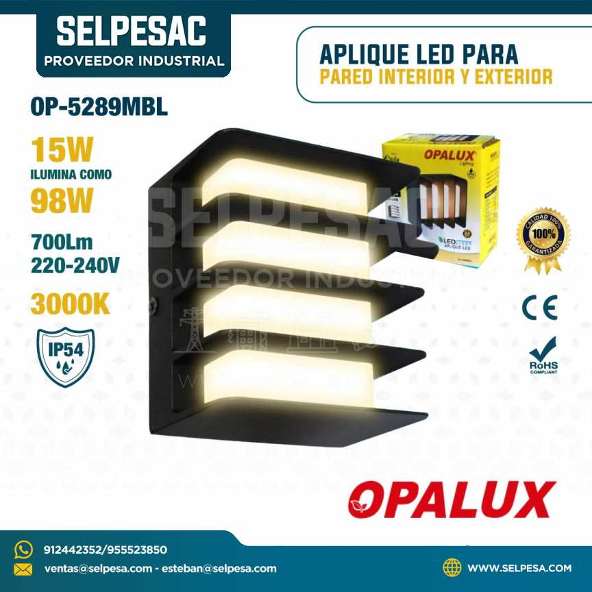 OPALUX - APLIQUE LED PARA PARED INTERIOR Y EXTERIOR 15W 700LUM 3000K IP54 OP-5289MBL