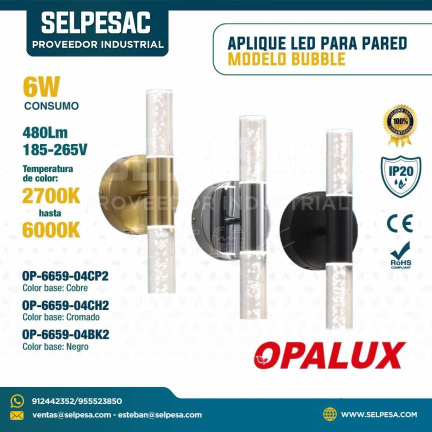 OPALUX - APLIQUE LED PARA PARED MODELO BUBBLE 6W 480LUM 2700K A 6000K IP20