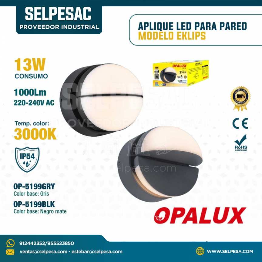 OPALUX - APLIQUE LED PARA PARED MODELO EKLIPS 13W 1000LUM 3000K IP54