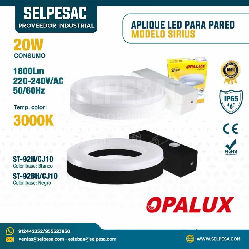 OPALUX - APLIQUE LED PARA PARED MODELO SIRIUS 20W 1800LUM 3000K IP65