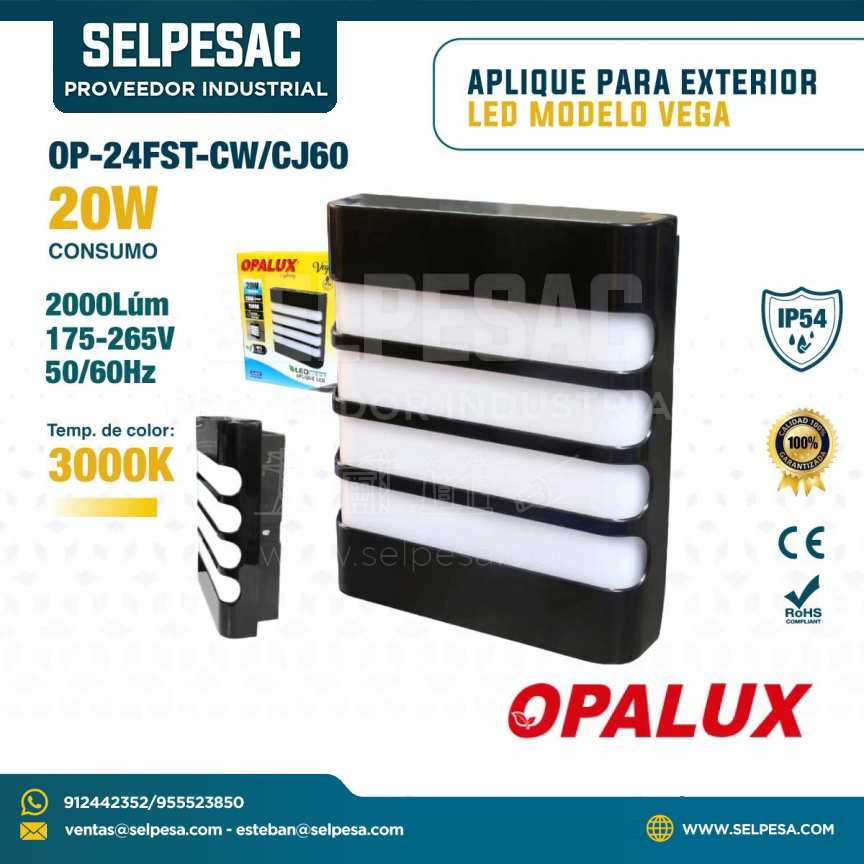 OPALUX - APLIQUE PARA EXTERIOR LED MODELO VEGA 20W 2000LUM 3000K IP54 OP-24FST-CW/CJ60