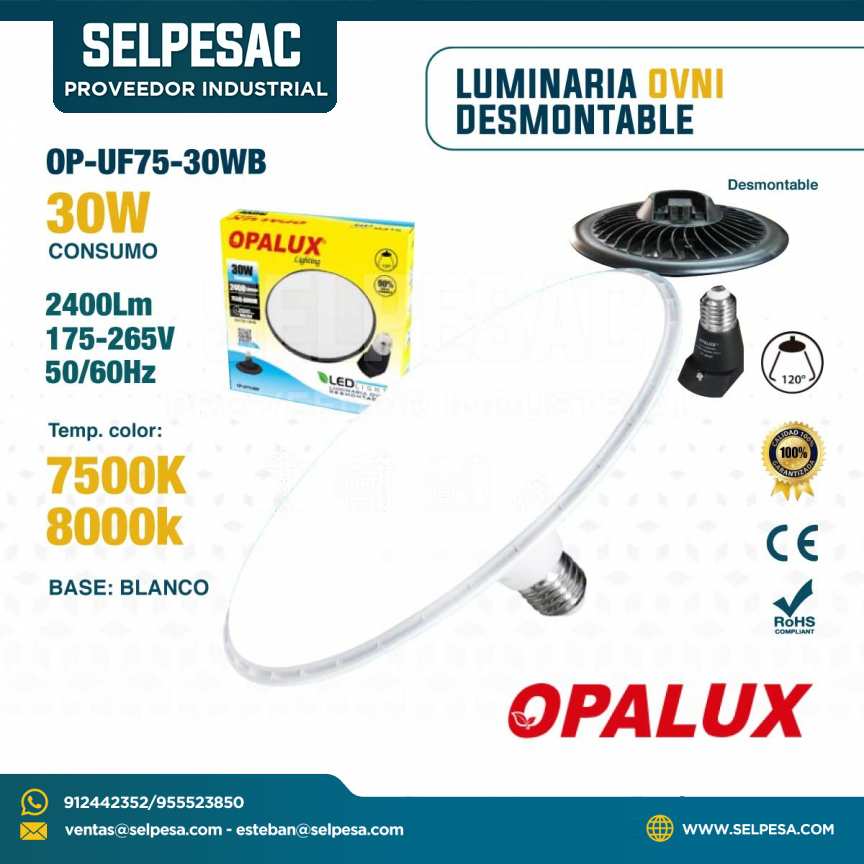 OPALUX - LUMINARIA OVNI DESMONTABLE 30W 2400LUM 7500K-8000K BASE BLANCO OP-UF75/30W