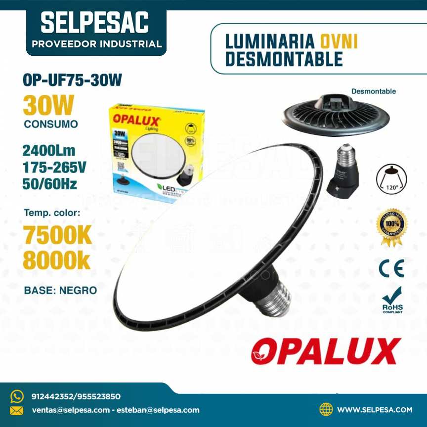 OPALUX - LUMINARIA OVNI DESMONTABLE 30W 2400LUM 7500K-8000K BASE NEGRO OP-UF75/30W