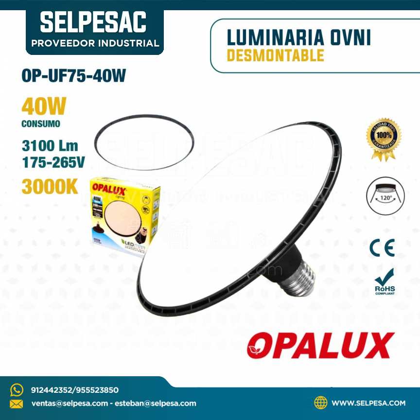 OPALUX - LUMINARIA OVNI DESMONTABLE 40W 3100LUM 3000K BASE NEGRO OP-UF75/40W