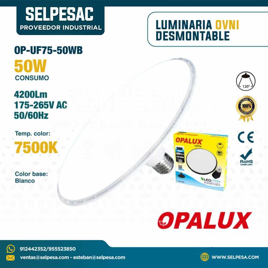 OPALUX - LUMINARIA OVNI DESMONTABLE 50W 4200LUM 7500K-8000K BASE BLANCO OP-UF75/50W