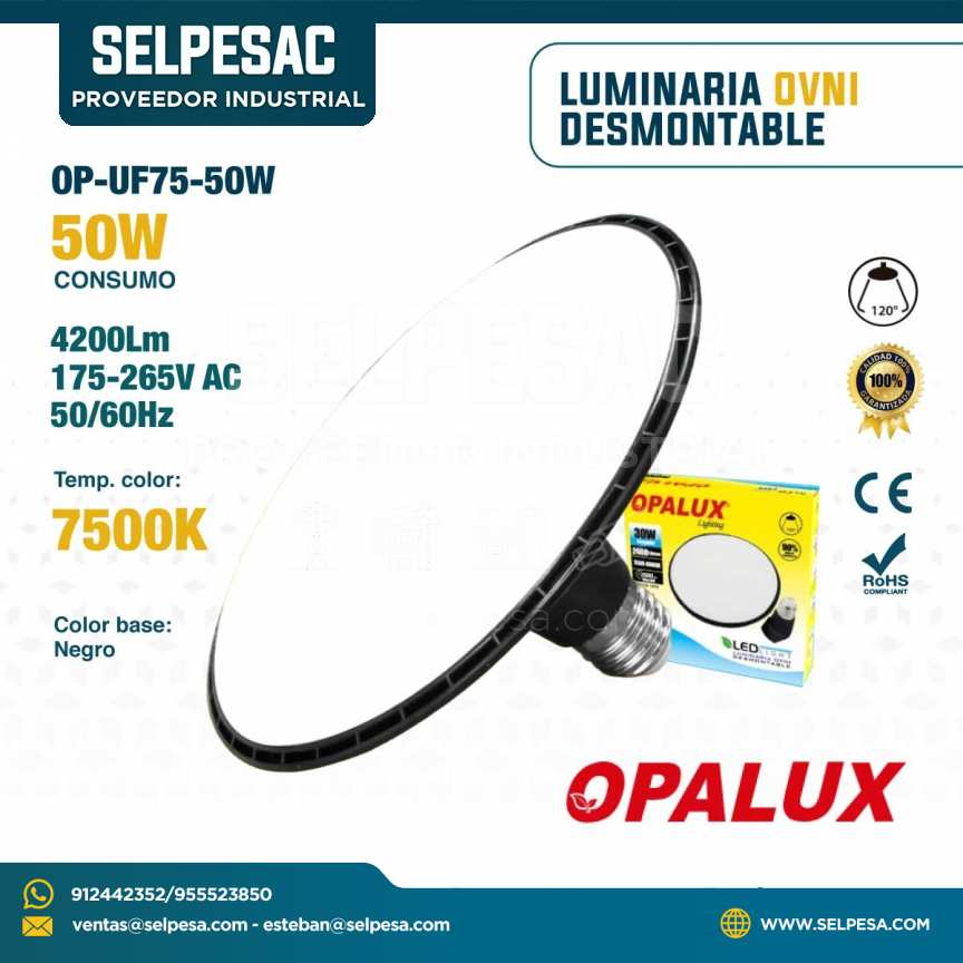 OPALUX - LUMINARIA OVNI DESMONTABLE 50W 4200LUM 7500K-8000K BASE NEGRO OP-UF75/50W