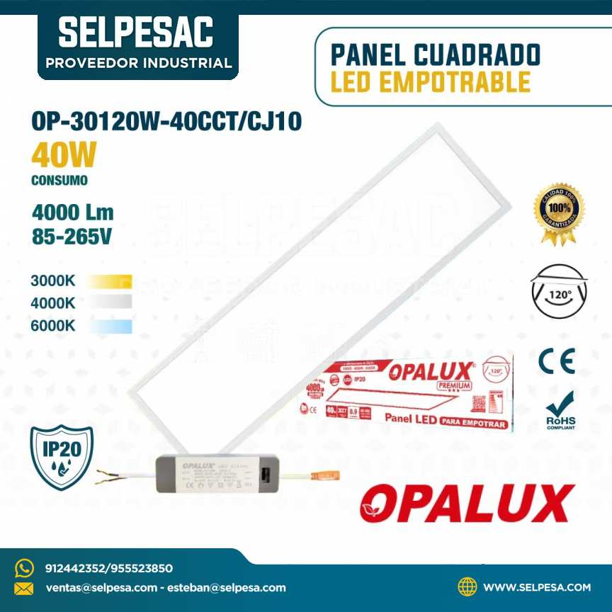 OPALUX - PANEL CUADRADO LED EMPOTRABLE 40W 4000LUM IP20 OP-30120W-40CCT/CJ10