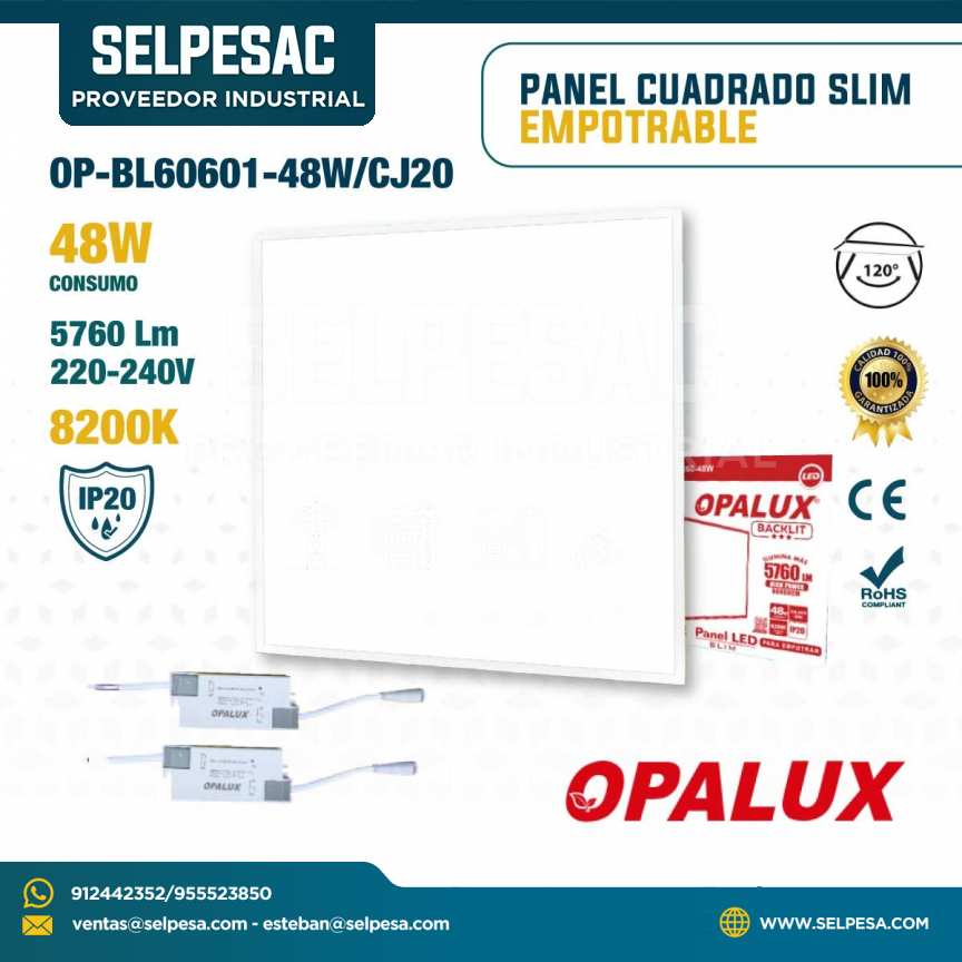 OPALUX - PANEL CUADRADO SLIM EMPOTRABLE 48W 5760LUM 8200K IP20 OP-BL60601-48WCJ20