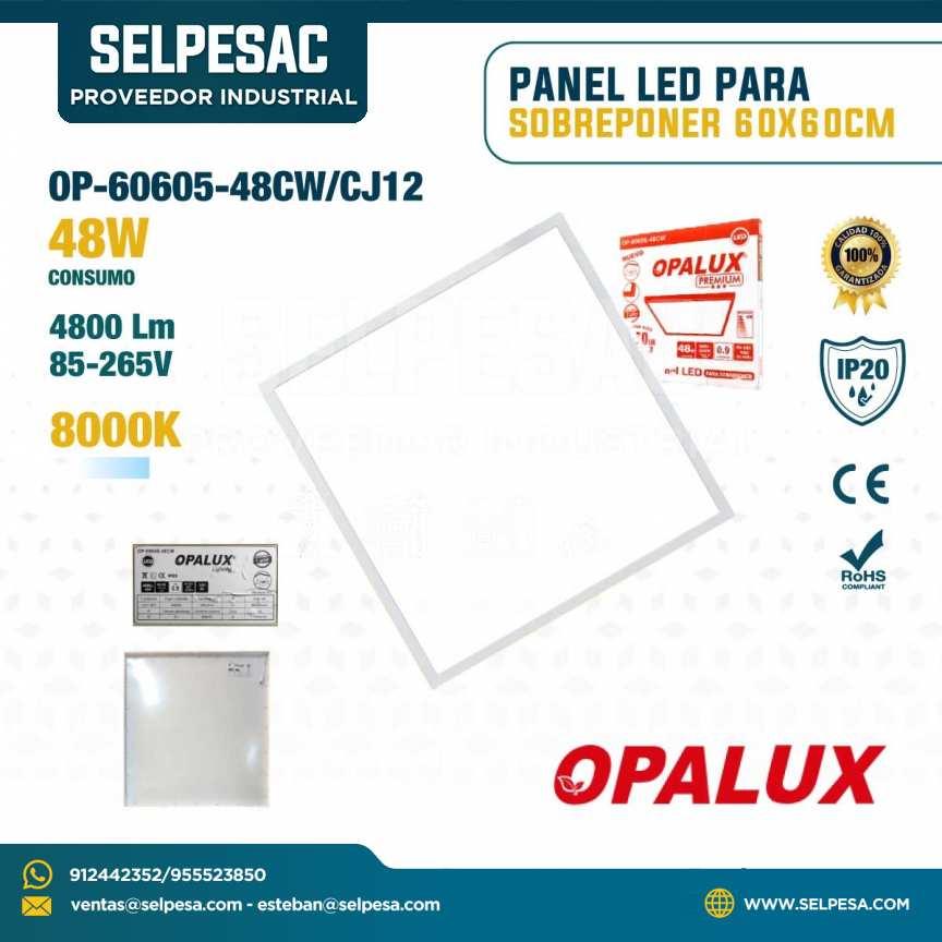 OPALUX - PANEL LED PARA SOBREPONER 60X60CM 48W 4800LUM 8000K OP-60605-48CW/CJ12