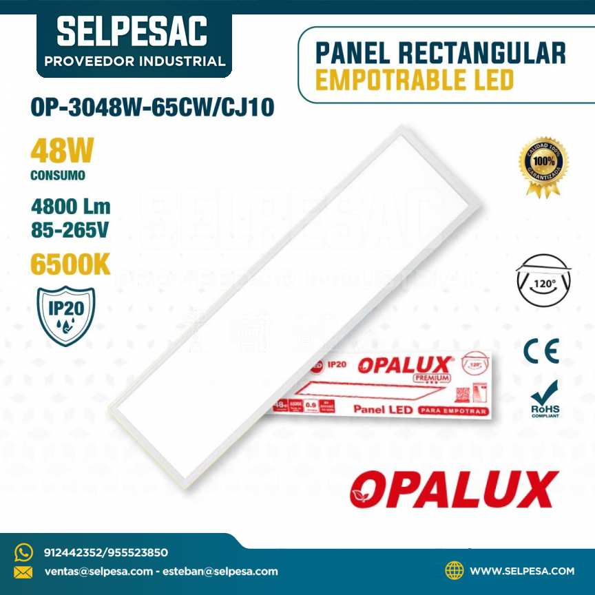OPALUX - PANEL RECTANGULAR EMPOTRABLE LED 48W 4800LUM 6500K IP20 OP-3048W-65CW/CJ10