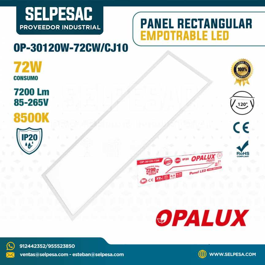 OPALUX - PANEL RECTANGULAR LED EMPOTRABLE 72W 7200LUM 85000K IP20 120° OP-30120W-72CW/CJ10