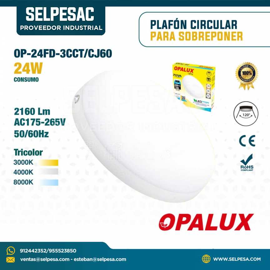 OPALUX - PLAFÓN CIRCULAR PARA SOBREPONER 24W 2160LUM 3000K 4000K 8000K OP-24FD-3CCT/CJ60