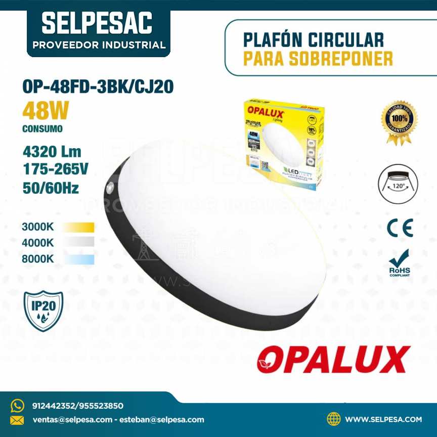 OPALUX - PLAFÓN CIRCULAR PARA SOBREPONER 48W 4320LUM 3000K-4000K-8000K OP-48FD-3BK/CJ20